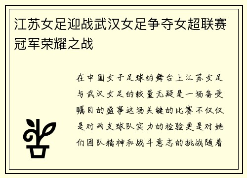 江苏女足迎战武汉女足争夺女超联赛冠军荣耀之战
